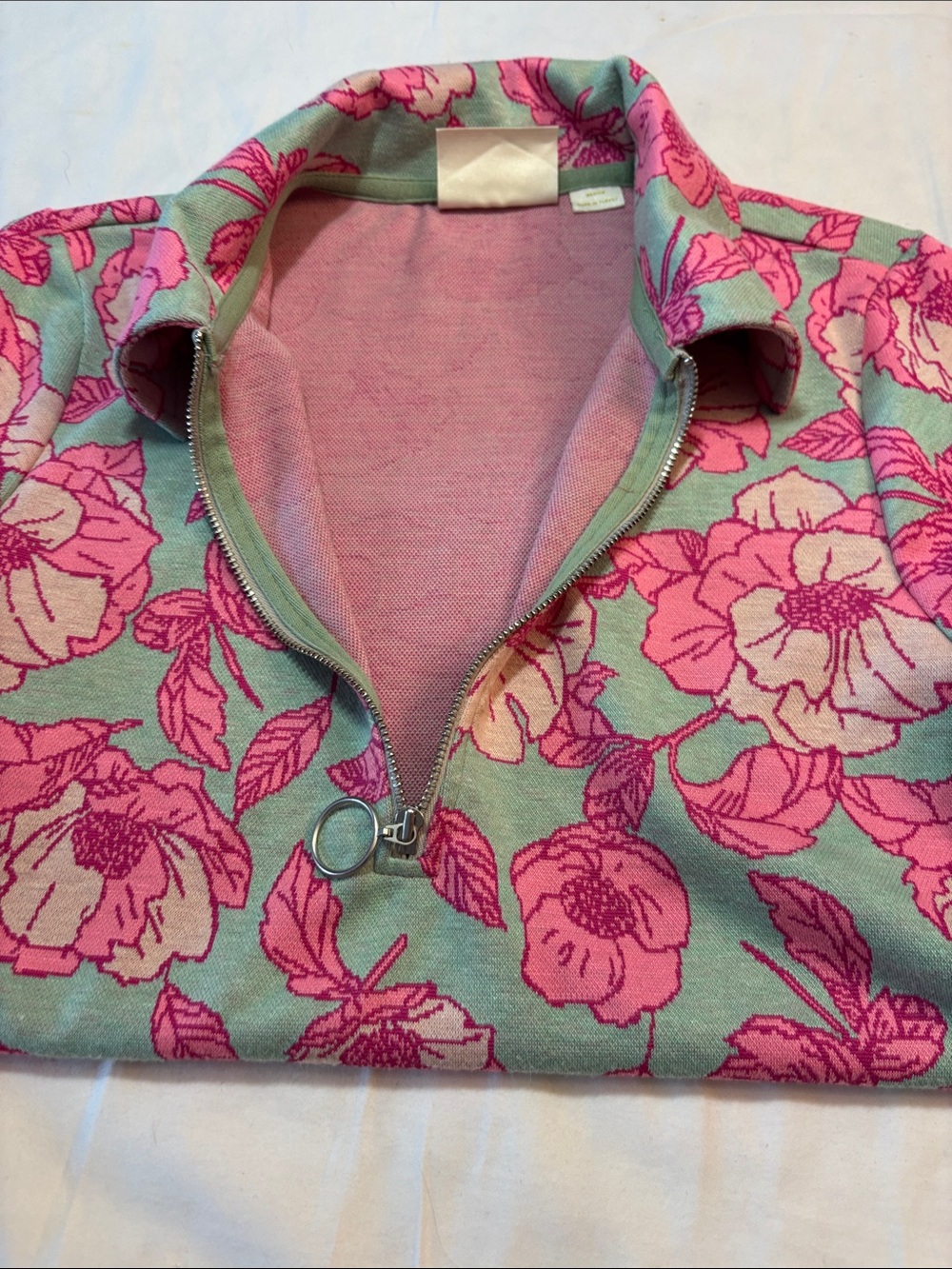 Maeve from Anthropologie Jacquard Floral Zip Polo Top in Pink and Mint, SZ Med. - Picture 8 of 8